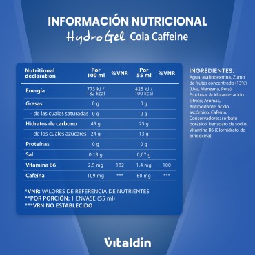 24 x Gel energético Hydro cafeína cola - Vitaldin
