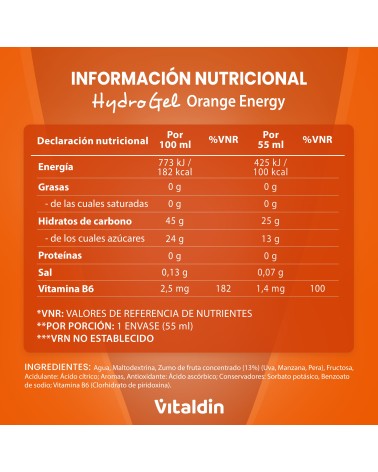 Gel energético Hydro sin Cafeína Naranja | Vitaldin