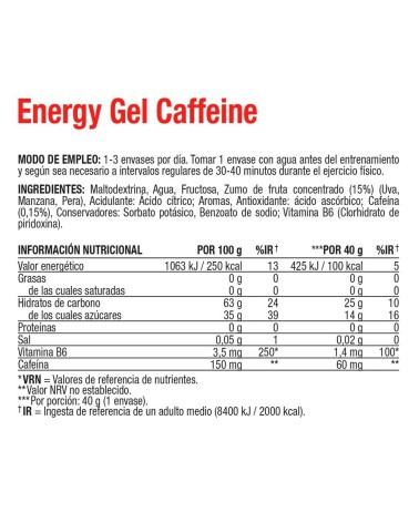 Energy Gel Cafeína Sabor Frutos Rojos – Caja 24 geles energéticos x 40 gr