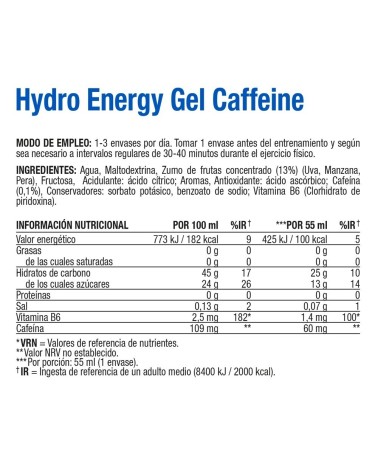 Hydro Energy Gel Cafeína Sabor Cola – Caja 24 geles energéticos x 55 ml